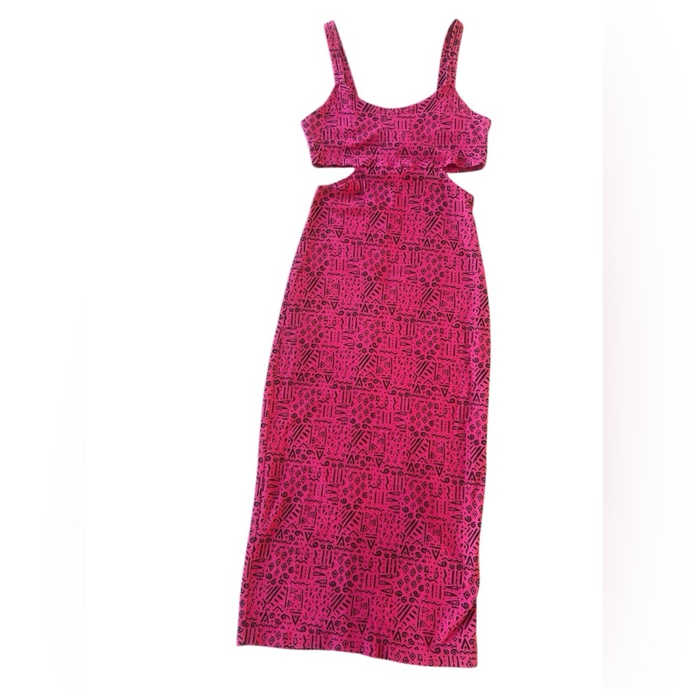 Y2K Material Girl Midi Bodycon Pink and Black Patterned Cutout Dress Ribbed